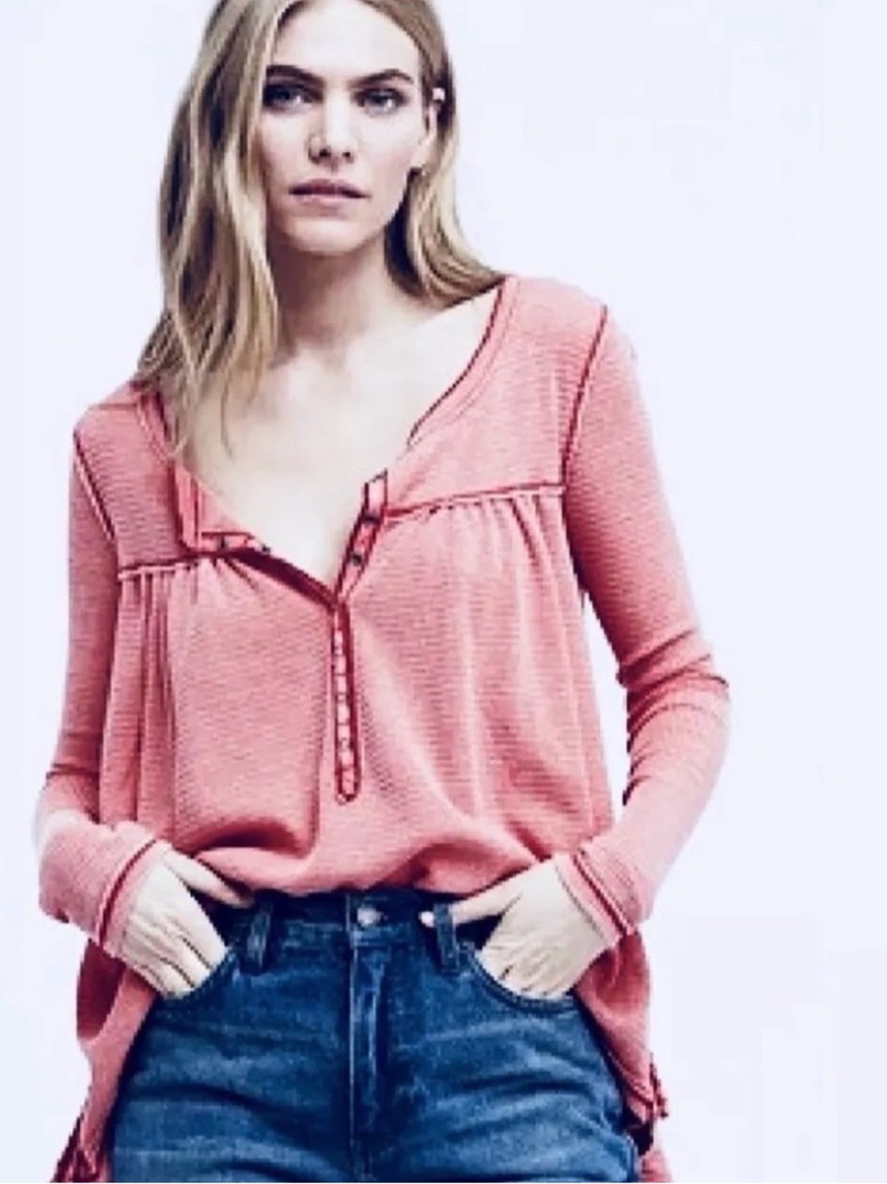 Free People We The Free Kai Thermal Henley Top Pink Oversized Tunic XS